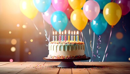 Birthday cake with colorful balloons