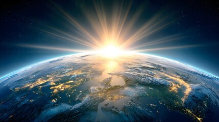 Earth rising with sunrise from space.