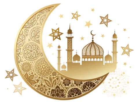 A golden crescent moon with intricate designs and a mosque silhouette against a black background with stars created with generated ai