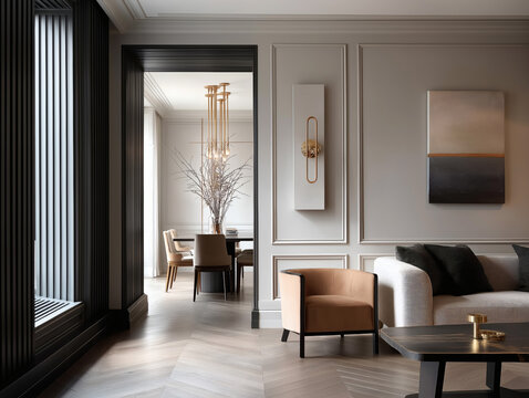 Aesthetic beautiful elegant  modern luxury interior design. Clear mock up empty wall for decoration in the apartment, painting frame. Copy space in the room.