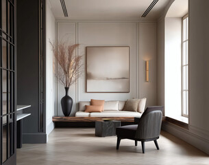 Fototapeta premium Aesthetic beautiful elegant modern luxury interior design. Clear mock up empty wall for decoration in the apartment, painting frame. Copy space in the room.