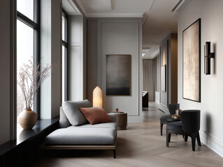 Fototapeta premium Aesthetic beautiful elegant modern luxury interior design. Clear mock up empty wall for decoration in the apartment, painting frame. Copy space in the room.