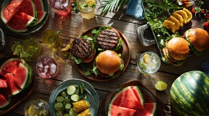 Summer BBQ Feast: Burgers, Watermelon, and Refreshing Drinks