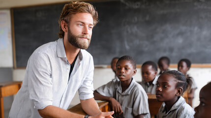 White male teacher teaching children in African school. Lack of school supplies. Black African children disadvantaged families learn in school,