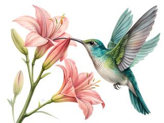 Obraz premium A hummingbird with green and blue feathers hovering near pink lily flowers on a black background art created with generated ai