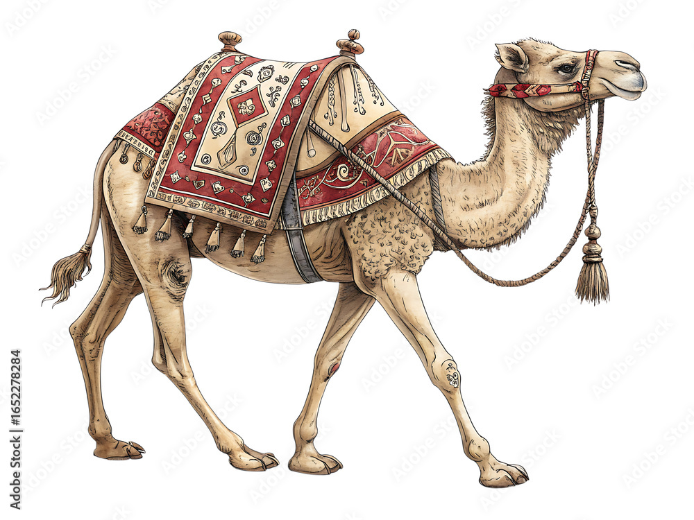 Poster Illustration of a camel with decorative saddle and bridle against a black background image created with generated ai