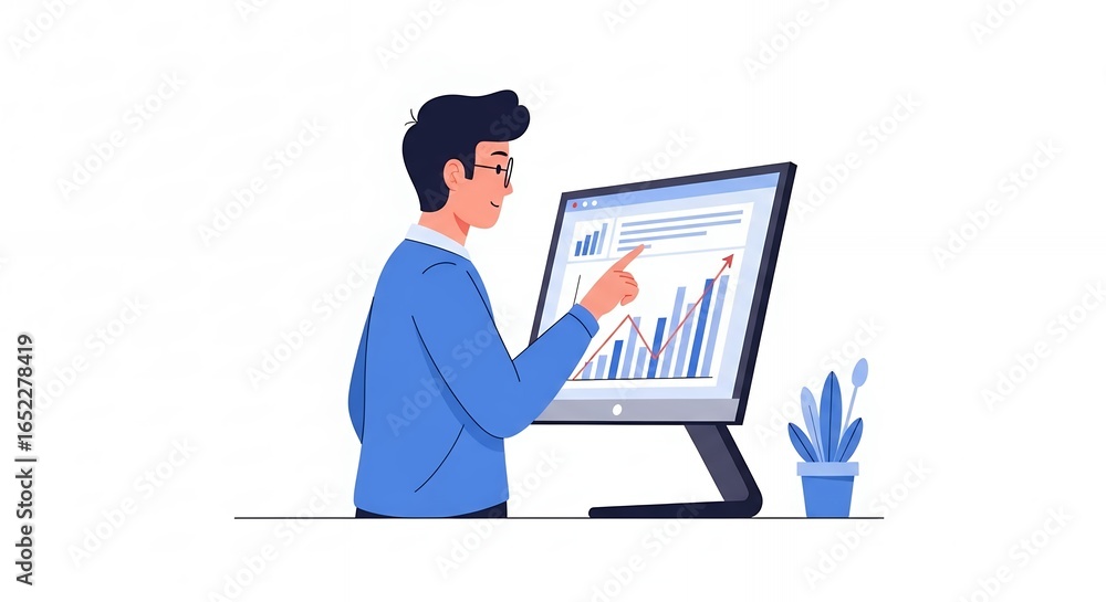 Aufkleber marketing manager pointing at charts on computer screen with positive growth analytics, concept for 
