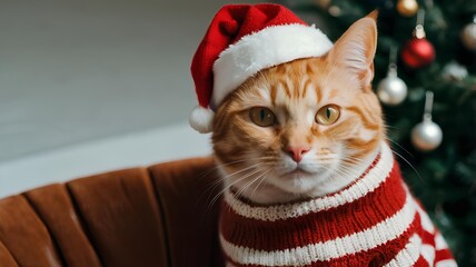 Cat in a red and white striped sweater with a Christmas hat on its head. Merry Christmas and New Year theme.