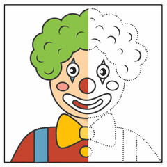 Half-clown activity sheet for tracing and coloring, teaching kids to copy images and develop creativity.