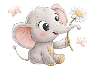 A cartoon elephant holding a daisy flower with butterflies on a black background illustration created with generated ai