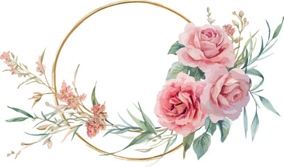 Elegant watercolor pink roses and greenery arranged around a delicate gold geometric circle frame