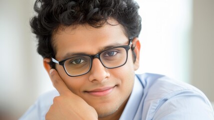 A young businessman deep in thought, sitting in his office, with a finger on his lips and a contemplative smile.