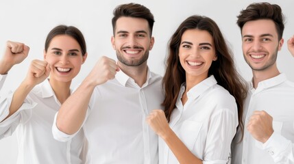 Obraz premium A dynamic duo of entrepreneurs celebrates success in the modern office as coworkers cheer them on with raised fists.