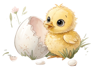 A cute yellow chick emerging from a cracked egg surrounded by grass and small white flowers art created with generated ai