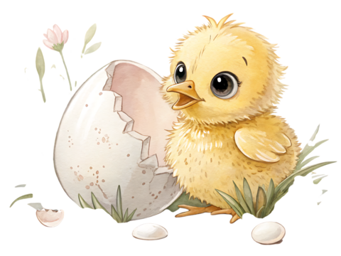 A cute yellow chick emerging from a cracked egg surrounded by grass and small white flowers art created with generated ai