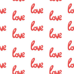 Repeating seamless pattern with red handwritten word love in playful cursive on white background