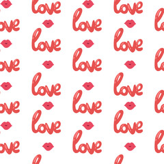 Seamless pattern with red love script and small heart symbols on soft white background for Valentine's Day