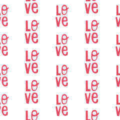 Seamless pattern with vertical arrangement of red Love text fragments forming love wordplay