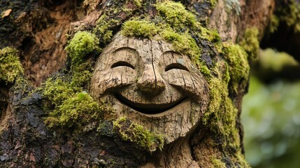 Smiling Face Carved into Mossy Tree Bark
