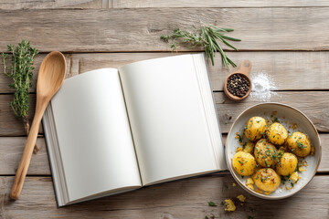 Recipe book with potatoes and herbs