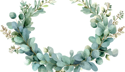 Fototapeta premium Delicate watercolor eucalyptus wreath with soft green leaves and subtle floral accents