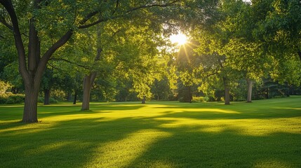 Obraz premium Sunny park scene with lush green trees and grass