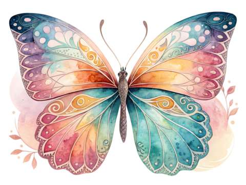 Watercolor butterfly with pastel colors and intricate wing patterns on a black background art created with generated ai