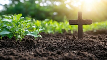 Dark Wooden Cross In Lush Green Garden Under Sunlight