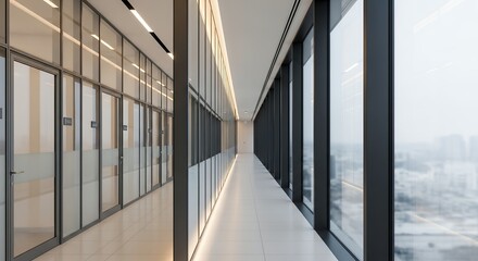 Fototapeta premium Modern office corridor with glass walls and city view, minimalist interior design, concept for corporate headquarters architecture, workplace innovation and urban planning