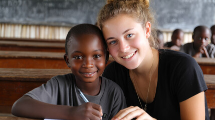 European smiling teacher teaching students in rural African school. Black African children from disadvantaged families study in school, read books, receive primary education, volunteer service