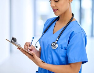 Dedicated female nurse in blue scrubs meticulously updating a patient's medical chart on a clipboard in a hospital hallway.