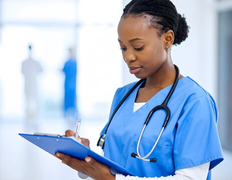 Focused African American female nurse practitioner in blue scrubs writing patient notes on a clipboard in a bright hospital corridor