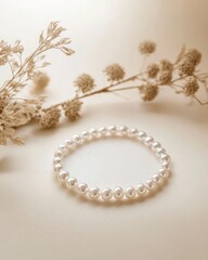 Delicate Pearl Bracelet On Beige Background With Dried Flowers