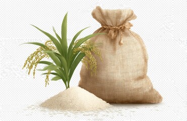 Rice stalks and a burlap sack filled with grains