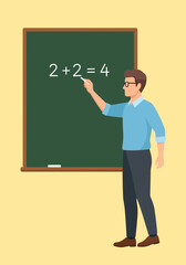 Teacher pointing at math equation on green chalkboard.