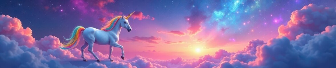 Fototapeta premium Magical unicorn, rainbow mane & tail, clouds, stars, vibrant sky, mystical, nebula, graphic
