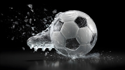 Fototapeta premium A shattered soccer ball and cleat with shards of glass floating against a black background studio shot
