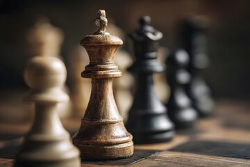 Fototapeta premium A blurry chessboard with a wooden king in focus.