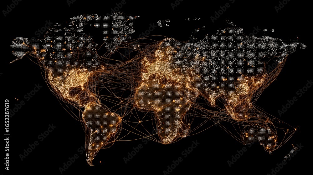 Poster glowing world map showing global digital network connections