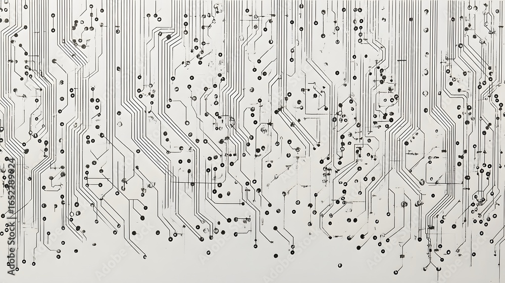 Poster complex circuit board pattern on a light background.