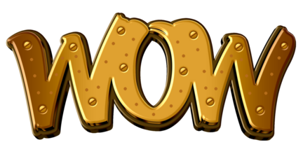 3D Golden WOW Text with Embossed Metallic Effect, Perfect for T-shirt Design and Merchandise