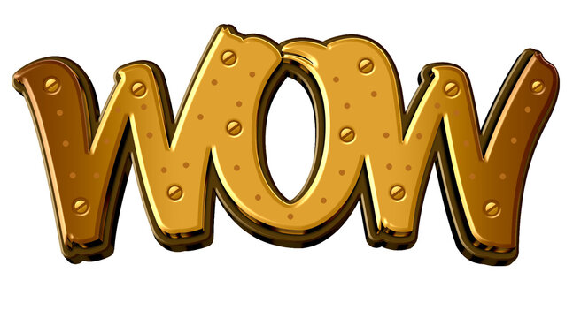 3D Golden WOW Text with Embossed Metallic Effect, Perfect for T-shirt Design and Merchandise