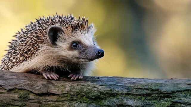 Hedgehogs are adorable mammals with spiky fur and a keen sense of smell. This one is enjoying the outdoors, sitting on a tree branch. They are known for their ability to climb trees.