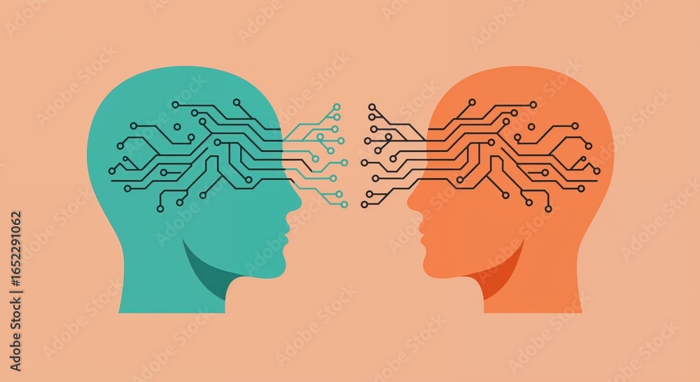 Aufkleber brain connection: a conceptual illustration of two human heads interconnected by intricate circuit b