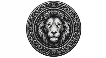 Fototapeta premium Majestic Lion Medallion: A detailed illustration of a regal lion's head is meticulously crafted, radiating strength and authority within an ornate, circular emblem.