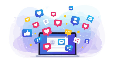 Vector illustration of online communication and social media engagement with like, heart, and share icons floating from a laptop screen.