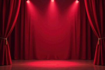 Fototapeta premium Velvet red curtains frame bright stage spotlights , art, red