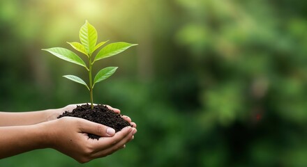 Nurturing Hope: A pair of hands gently cradles a seedling, its fresh green leaves reaching towards a soft, natural background, encapsulating growth, environmental care.