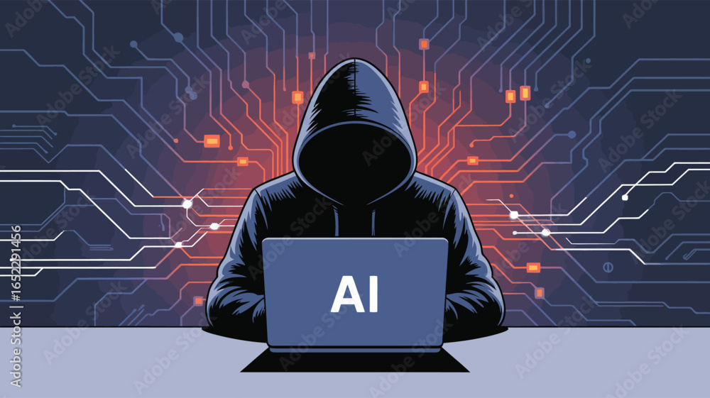 Wall mural hooded figure using ai laptop with digital circuit background symbolizing artificial intelligence in