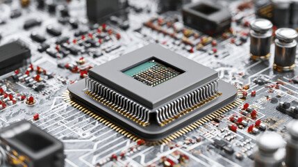 Microchip on electronic circuit board with detailed pins and components showing advanced technology and intricate design in close up view